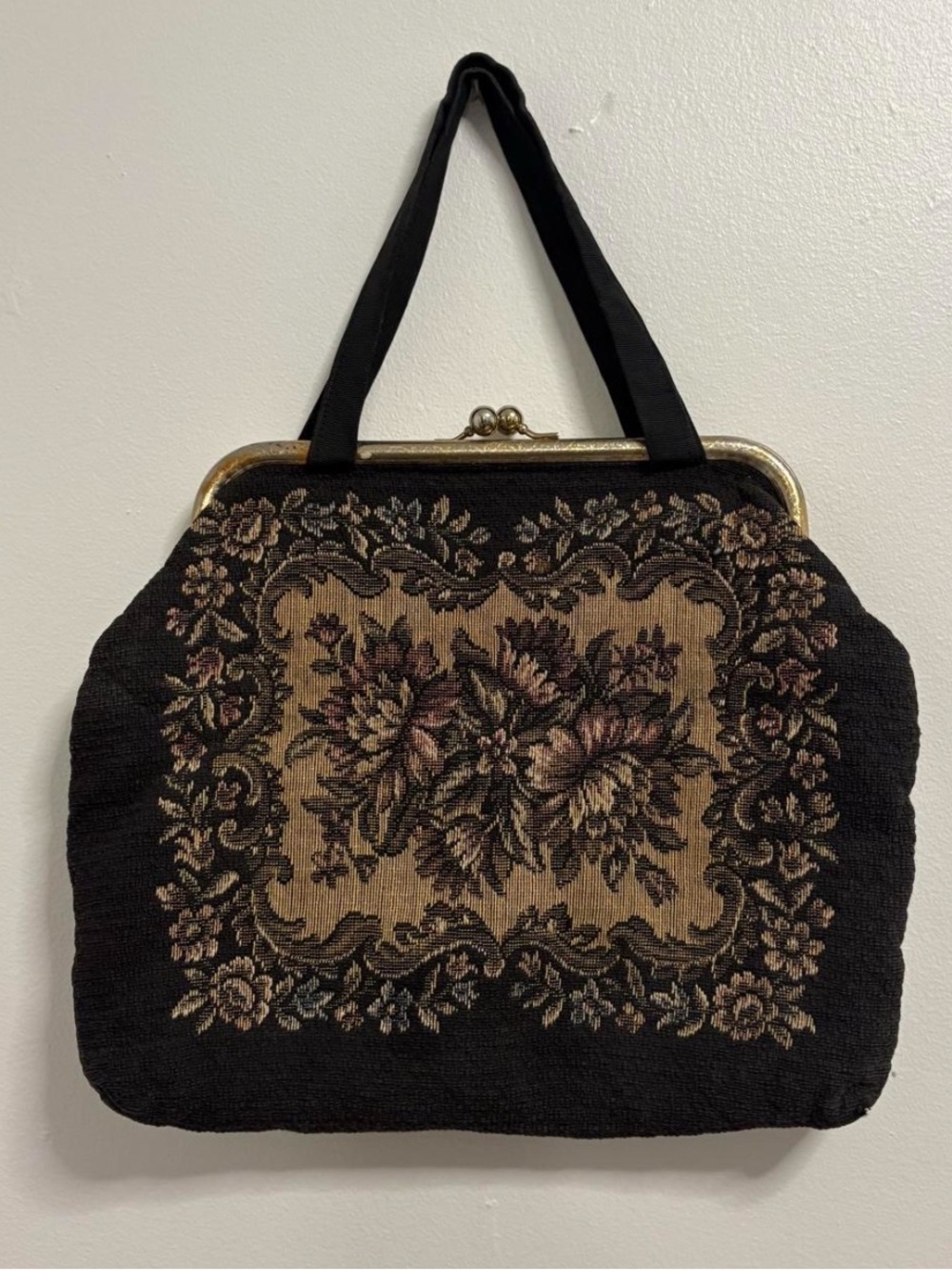 Vintage Black Tapestry Floral Handbag